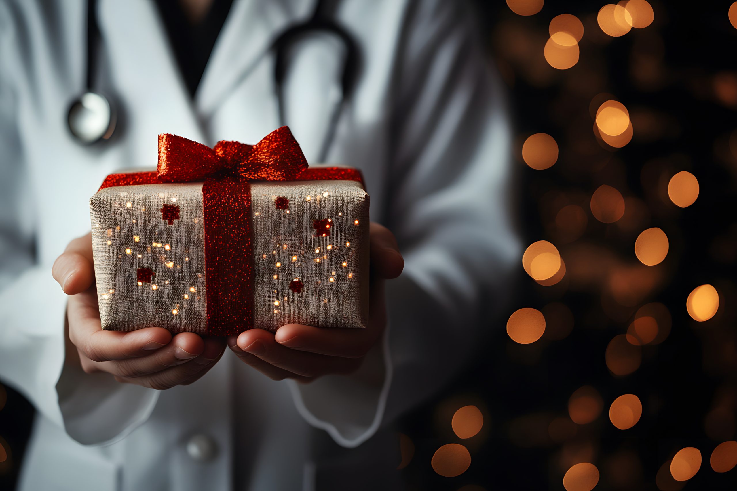 A doctor’s hands present a gift during the Christmas season. Generative AI regals de farmàcia per Nadal i per a l'amic invisible